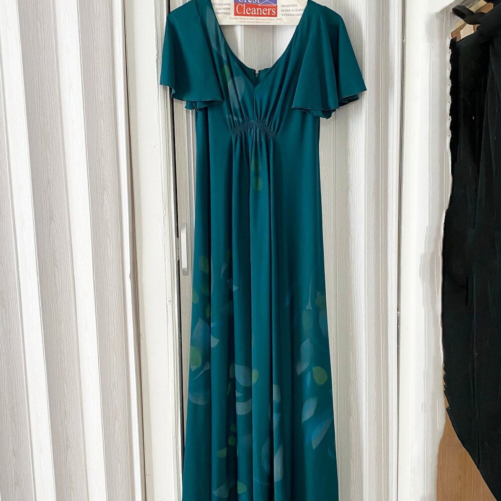 Vintage Teal-Green Long Formal Dress - Short Sleeve Gown - Scoop Neck size 14